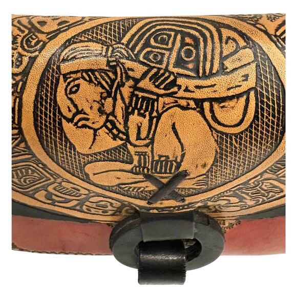 Vintage Leather Crossbody Bag Handmade in Mexico - Red Beige Black - Mint Cond! - Picture 6 of 11